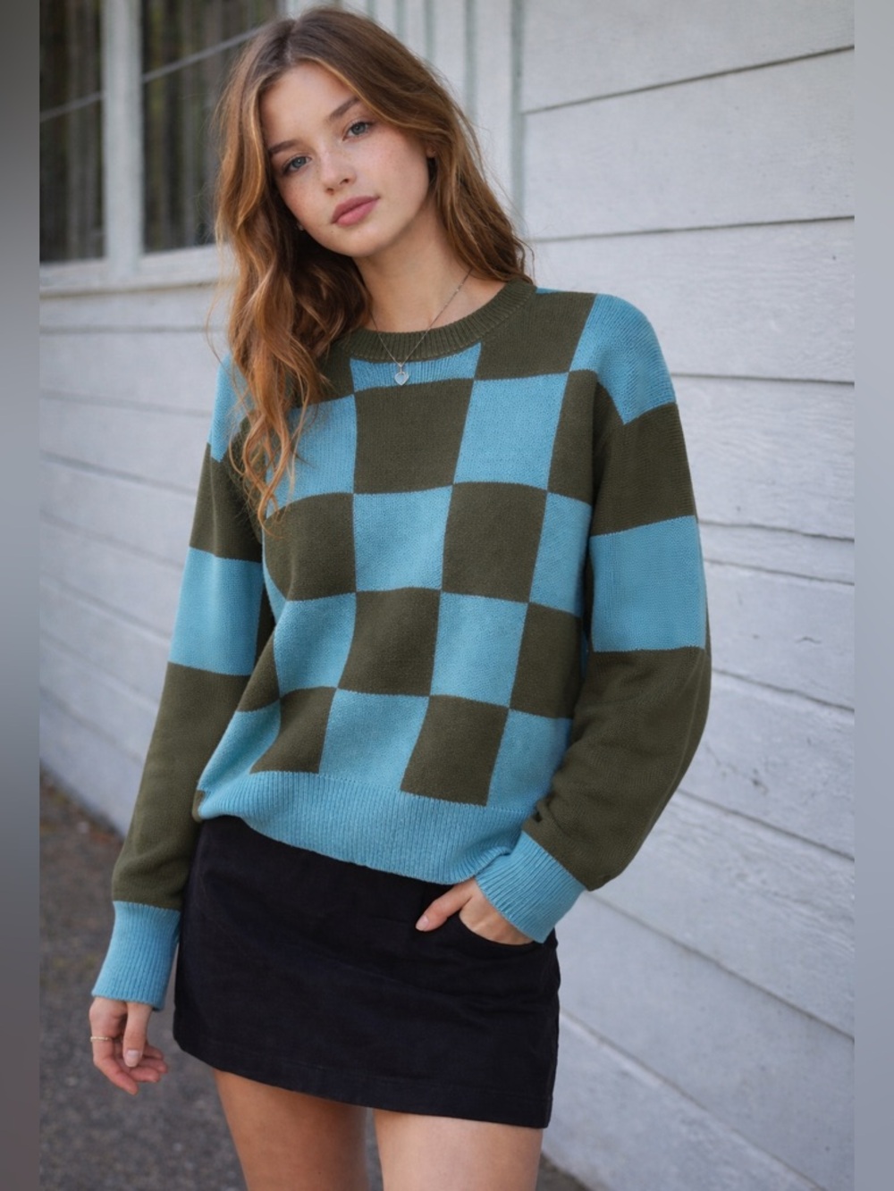 Checkerboard Knit Sweater - Teal & Olive tagless wonder, oversize fit med or Lg
